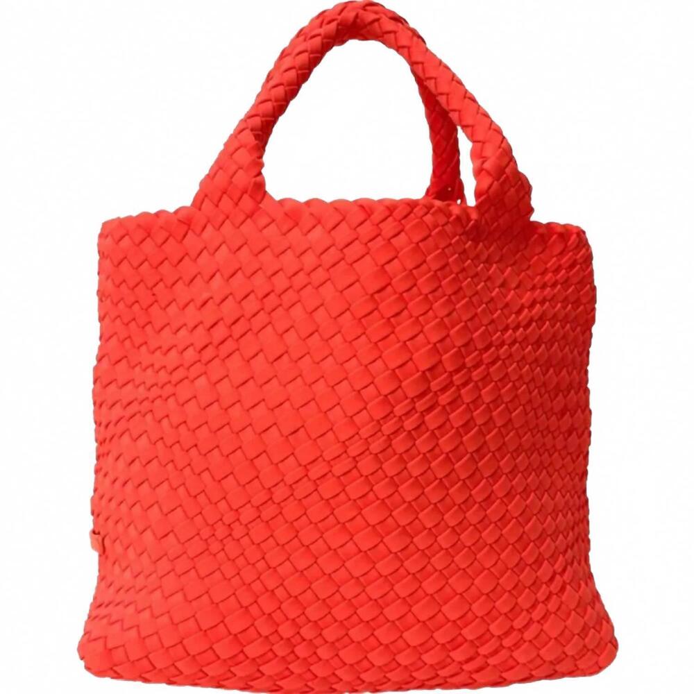 NEW AHDORNED women's lily woven neoprene tote bag in neon orange